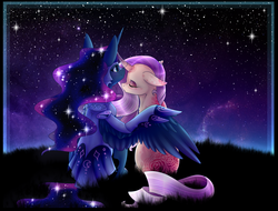 Size: 6004x4558 | Tagged: safe, artist:creativecocoacookie, princess luna, oc, oc:sumac spirit, g4, absurd resolution, armor, cuddling, hug, missing cutie mark, night, not fluttershy, stars, winghug