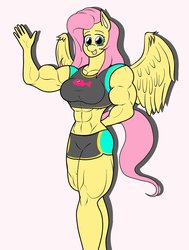 Size: 876x1161 | Tagged: safe, artist:matchstickman, fluttershy, pegasus, anthro, equestria girls, equestria girls specials, g4, my little pony equestria girls: better together, my little pony equestria girls: forgotten friendship, abs, biceps, breasts, busty fluttershy, clothes, female, hand behind back, hand wave, mare, muscles, muscleshy, pink background, simple background, smiling, solo, swimsuit, thunder thighs