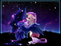 Size: 6004x4558 | Tagged: safe, artist:creativecocoacookie, edit, editor:ultra1437, princess luna, oc, oc:sumac spirit, g4, absurd resolution, armor, cuddling, hug, night, not fluttershy, stars, winghug