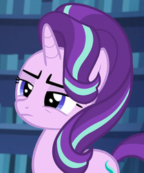 Size: 886x1060 | Tagged: safe, screencap, starlight glimmer, pony, unicorn, every little thing she does, g4, bookshelf, cropped, female, mare, reaction image, solo, squint