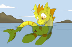 Size: 1717x1128 | Tagged: safe, artist:fandroit, color edit, edit, oc, oc only, oc:shammy, human, original species, pony, shark pony, boat, color, colored, fishing, giant pony, macro, size difference, water