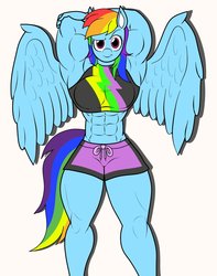 Size: 916x1160 | Tagged: safe, artist:matchstickman, rainbow dash, pegasus, anthro, equestria girls, equestria girls specials, g4, my little pony equestria girls: better together, my little pony equestria girls: forgotten friendship, abs, armpits, biceps, board shorts, breasts, busty rainbow dash, clothes, dreamworks face, female, looking at you, mare, muscles, rainbuff dash, simple background, solo, swimsuit, thunder thighs
