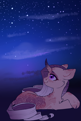 Size: 2000x3000 | Tagged: safe, artist:redslipp, oc, oc only, oc:sumac spirit, pony, unicorn, cloven hooves, curved horn, female, gradient mane, high res, horn, lying down, mare, night, solo, stars, ych result