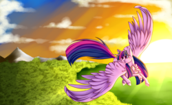 Size: 2024x1235 | Tagged: safe, artist:hahvulon, artist:sketchykohaidraws, artist:ssarca-sm, twilight sparkle, alicorn, pony, g4, chest fluff, collaboration, cutie mark, female, flying, forest, mare, solo, spread wings, sun, twilight sparkle (alicorn), wings