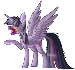 Size: 755x702 | Tagged: safe, artist:sketchykohaidraws, twilight sparkle, alicorn, pony, g4, cookie zombie, cutie mark, female, mare, open mouth, raised hoof, redraw, simple background, solo, spread wings, transparent background, twilight sparkle (alicorn), wings