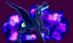 Size: 1600x960 | Tagged: safe, artist:albinnada, princess luna, alicorn, pony, g4, alternate hairstyle, crying, ethereal mane, eyes closed, female, galaxy mane, glowing cutie mark, glowing horn, horn, mare, raised hoof, simple background, solo, spread wings, starry mane, wings