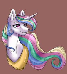 Size: 1024x1133 | Tagged: safe, artist:albinnada, princess celestia, pony, g4, alternate hair color, bust, female, lidded eyes, mare, missing accessory, peytral, redraw, smiling, solo