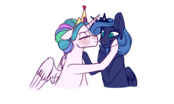 Size: 1023x614 | Tagged: safe, artist:albinnada, princess celestia, princess luna, alicorn, pony, g4, alternate hairstyle, blushing, crown, duo, eyes closed, female, heart, imminent kissing, jewelry, kissing, kissy face, mare, missing accessory, platonic kiss, regalia, s1 luna, sibling love, siblings, simple background, sisterly love, sisters, smiling, tiara, transparent background