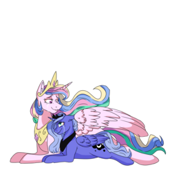Size: 1024x1024 | Tagged: safe, artist:albinnada, princess celestia, princess luna, alicorn, pony, g4, alternate hair color, crying, cutie mark, duo, female, happy, jewelry, looking at each other, mare, regalia, royal sisters, s1 luna, simple background, transparent background