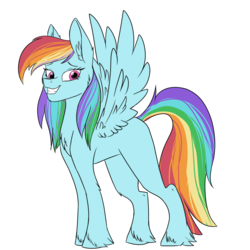 Size: 1024x1024 | Tagged: safe, artist:albinnada, rainbow dash, pegasus, pony, g4, ear fluff, female, looking at you, mare, smiling, solo, spread wings, unshorn fetlocks, wings