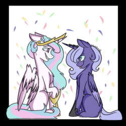 Size: 1024x1024 | Tagged: safe, artist:albinnada, princess celestia, princess luna, alicorn, pony, :p, abstract background, chest fluff, colored wings, colored wingtips, confetti, crown, cute, cutelestia, duo, eye contact, female, floppy ears, fluffy, grin, jewelry, leg fluff, looking at each other, lunabetes, mare, messy mane, missing accessory, missing cutie mark, raised hoof, regalia, royal sisters, s1 luna, silly, simple background, sitting, smiling, spread wings, squee, tongue out, unshorn fetlocks, wavy mouth, white background, wing fluff, wings