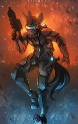 Size: 753x1200 | Tagged: safe, artist:foxinshadow, oc, oc only, unicorn, anthro, anthro oc, armor, commission, gun, male, science fiction, solo, stallion, weapon