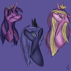Size: 1024x1024 | Tagged: safe, artist:albinnada, princess cadance, princess luna, twilight sparkle, alicorn, pony, g4, bust, eyes closed, female, jewelry, looking at you, looking up, mare, s1 luna, simple background, smiling, tiara, trio, twilight sparkle (alicorn)