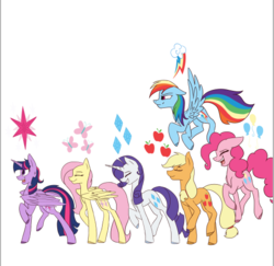 Size: 521x507 | Tagged: safe, artist:albinnada, applejack, fluttershy, pinkie pie, rainbow dash, rarity, twilight sparkle, alicorn, earth pony, pegasus, pony, unicorn, g4, cutie mark, eyes closed, female, flying, mane six, mare, simple background, smiling, twilight sparkle (alicorn), walking, white background