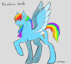 Size: 748x677 | Tagged: safe, artist:the-coffee-cobra, rainbow dash, pegasus, pony, g4, cutie mark, female, gray background, looking at you, mare, raised hoof, simple background, smiling, solo, spread wings, wings