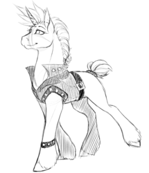 Size: 616x716 | Tagged: safe, artist:the-coffee-cobra, rarity, pony, unicorn, g4, alternate hairstyle, bracelet, clothes, female, grayscale, jacket, jewelry, mare, missing cutie mark, monochrome, punk, raripunk, simple background, sketch, smiling, solo, spiked wristband, studded bracelet, walking, white background, wristband