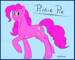 Size: 759x607 | Tagged: safe, artist:the-coffee-cobra, pinkie pie, earth pony, pony, g4, cutie mark, female, looking back, mare, raised hoof, simple background, smiling, solo