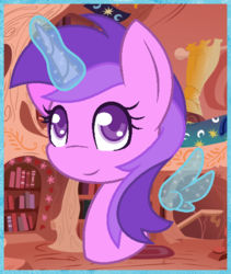 Size: 470x556 | Tagged: safe, artist:razorbladetheunicron, amethyst star, sparkler, pony, unicorn, lateverse, g4, alternate universe, artificial wings, augmented, aura, base used, border, female, golden oaks library, magic, magic wings, smiling, solo, wings