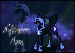 Size: 1280x905 | Tagged: safe, artist:the-coffee-cobra, nightmare moon, alicorn, pony, g4, cutie mark, ethereal mane, female, gradient background, helmet, jewelry, looking back, mare, regalia, solo, spread wings, starry mane, wings, zoom layer