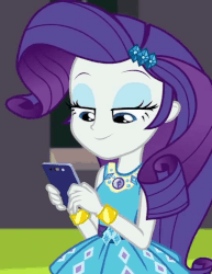 Size: 555x720 | Tagged: safe, screencap, rarity, equestria girls, g4, my little pony equestria girls: better together, text support, text support: rarity, animated, bedroom eyes, bracelet, cellphone, cropped, female, geode of shielding, gif, gold, jewelry, magical geodes, nodding, pendant, phone, rarity peplum dress, sleeveless, smartphone, solo, texting