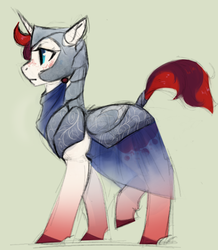 Size: 651x747 | Tagged: safe, artist:parchnposies-mod, artist:thepaintedbean, oc, oc only, pony, unicorn, armor, female, freckles, helmet, mare, simple background, solo, walking