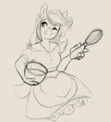 Size: 500x547 | Tagged: safe, artist:parchnposies-mod, artist:thepaintedbean, oc, oc only, anthro, apron, bowl, clothes, egg beater, female, gray background, grayscale, licking, licking lips, monochrome, simple background, sketch, solo, tongue out