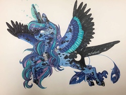 Size: 1280x963 | Tagged: safe, artist:nightmare-moons-throneroom, princess luna, pony, g4, coat markings, dappled, female, glowing eyes, glowing horn, horn, jewelry, peacock feathers, redesign, regalia, simple background, solo, spread wings, traditional art, white background, wings