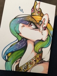 Size: 960x1280 | Tagged: safe, artist:nightmare-moons-throneroom, princess celestia, alicorn, pony, g4, ear fluff, ear piercing, earring, ethereal mane, female, jewelry, looking up, mare, piercing, regalia, solo, starry mane, traditional art