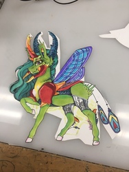 Size: 960x1280 | Tagged: safe, artist:nightmare-moons-throneroom, queen chrysalis, changedling, changeling, g4, armor, female, horns, looking at you, mandibles, peacock feathers, purified chrysalis, raised hoof, reformed, smiling, solo, spread wings, traditional art, wings