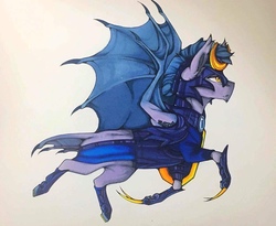Size: 1280x1050 | Tagged: safe, artist:nightmare-moons-throneroom, bat pony, pony, g4, armor, commission, ear fluff, flying, helmet, hoofclaw, male, metal claws, night guard, profile, simple background, solo, spread wings, stallion, traditional art, weapon, white background, wings