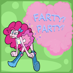 Size: 2400x2400 | Tagged: safe, artist:da-fuze, pinkie pie, equestria girls, g4, my little pony equestria girls: better together, boots, bowtie, clothes, confetti, cross-eyed, fart, farting confetti, female, high res, shoes, simple background, skirt, solo, tongue out