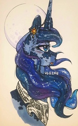 Size: 580x928 | Tagged: safe, artist:nightmare-moons-throneroom, princess luna, pony, g4, coat markings, constellation, constellation hair, dappled, ear piercing, earring, ethereal mane, female, jewelry, mare, moon, piercing, profile, regalia, sidemouth, simple background, solo, starry mane, traditional art, white background