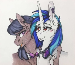 Size: 1280x1106 | Tagged: safe, artist:nightmare-moons-throneroom, dj pon-3, octavia melody, vinyl scratch, pony, unicorn, g4, blushing, ear fluff, ear piercing, earring, female, jewelry, lesbian, looking at each other, mare, open mouth, piercing, ship:scratchtavia, shipping, simple background, smiling, traditional art, vinyl's glasses, white background