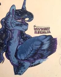 Size: 1016x1280 | Tagged: dead source, safe, artist:nightmare-moons-throneroom, princess luna, alicorn, pony, g4, coat markings, dappled, ethereal mane, eyes closed, female, missing accessory, simple background, solo, starry mane, traditional art, turned head, white background