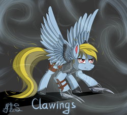 Size: 3000x2725 | Tagged: safe, artist:moonlightstrange, oc, oc only, pegasus, pony, armor, blade, claws, gray background, high res, hoof blades, hoof shoes, hoofclaw, male, metal claws, simple background, stallion, total war, weapon, wingblade