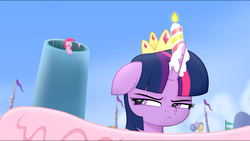 Size: 960x540 | Tagged: safe, screencap, pinkie pie, twilight sparkle, alicorn, pony, g4, my little pony: the movie, annoyed, aside glance, cropped, duo, narrowed eyes, twilight sparkle (alicorn), twilight sparkle is not amused, unamused