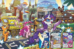 Size: 1536x1024 | Tagged: safe, artist:tonyfleecs, idw, official comic, applejack, coloratura, daring do, fluttershy, pinkie pie, princess celestia, rainbow dash, rarity, sapphire shores, earth pony, pegasus, pony, unicorn, g4, spoiler:comic, spoiler:comic66, applewood, autograph book, comic, countess coloratura, female, grauman's chinese theatre, hollywood, male, mare, orson welles, ponified, preview, singin' in the rain, speech bubble, stallion, sunglasses, tasseltown, taxi, the brown derby, walk of fame