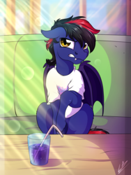 Size: 3000x4000 | Tagged: safe, artist:lupiarts, oc, oc only, oc:noctis fructosi junior, bat pony, pony, angry, bat pony oc, clothes, commission, cup, drink, fangs, i'm not cute, male, shirt, sitting, solo, stallion