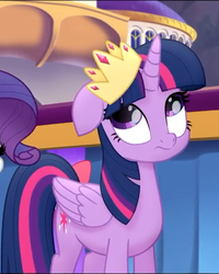 Size: 433x540 | Tagged: safe, screencap, rarity, twilight sparkle, alicorn, pony, g4, my little pony: the movie, cropped, crown, female, jewelry, mare, offscreen character, regalia, solo, twilight sparkle (alicorn)