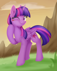 Size: 718x893 | Tagged: safe, artist:dusthiel, twilight sparkle, alicorn, pony, g4, cute, female, grass, heart, looking at you, mare, one eye closed, smiling, solo, twiabetes, twilight sparkle (alicorn), wink