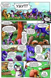 Size: 723x1104 | Tagged: safe, artist:candyclumsy, apple bloom, applejack, princess celestia, princess luna, rainbow dash, rarity, scootaloo, sweetie belle, earth pony, pegasus, pony, squirrel, unicorn, comic:two sisters go camping, g4, comic, cutie mark crusaders, missing horn, tree, wingless