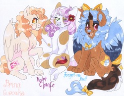 Size: 3110x2419 | Tagged: safe, artist:frozensoulpony, oc, oc only, oc:brina cupcake, oc:forget-me-knot, oc:violet chante, earth pony, manticore, pegasus, pony, adopted offspring, bow, female, hair bow, high res, offspring, parent:apple bloom, parent:featherweight, parent:pipsqueak, parent:scootaloo, parent:sweetie belle, parent:twist, parents:featherbloom, parents:sweetiesqueak, parents:twistaloo, tail bow, traditional art