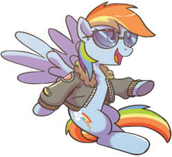 Size: 575x525 | Tagged: safe, artist:tonyfleecs, idw, rainbow dash, pony, g4, spoiler:comic, spoiler:comic66, background removed, bomber jacket, clothes, cropped, cute, female, flying, jacket, open mouth, simple background, solo, spread wings, sunglasses, transparent background