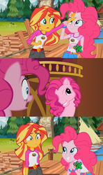 Size: 1366x2304 | Tagged: safe, edit, edited screencap, screencap, pinkie pie, sunset shimmer, equestria girls, g3, g4, my little pony equestria girls: legend of everfree, too many pinkie pies, clone, comic, discovery kids, g3 faic, g4 to g3, generation leap, pinkie clone, screencap comic, sunset sees things