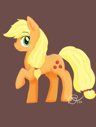 Size: 720x960 | Tagged: safe, artist:xrenasonozakix, applejack, earth pony, pony, g4, brown background, female, hatless, looking at you, mare, missing accessory, raised hoof, simple background