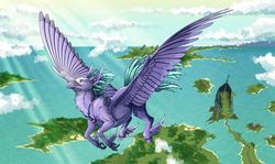 Size: 2500x1489 | Tagged: safe, artist:altarior, seaspray, classical hippogriff, hippogriff, g4, alula (anatomy), awesome, epic, flying, handsome, island, jewelry, male, mount aris, necklace, ocean, realistic anatomy, realistic horse legs, scenery, solo, spread wings, winged hooves, wings