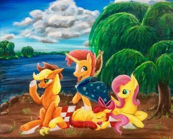 Size: 1024x828 | Tagged: safe, artist:colorsceempainting, apple bloom, applejack, fluttershy, sunburst, earth pony, pegasus, pony, unicorn, g4, acrylic painting, canvas, cloud, commission, female, group, male, mare, paint, painting, picnic blanket, quartet, scenery, stallion, traditional art, tree, water