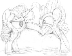 Size: 1280x1001 | Tagged: safe, artist:aemuhn, pinkie pie, twilight sparkle, earth pony, pony, unicorn, two legged creature, g4, bipedal, boop, cute, female, frown, has science gone too far?, lidded eyes, mare, monochrome, nose wrinkle, not salmon, pencil drawing, simple background, sketch, smiling, traditional art, twilight sparkle is not amused, unamused, wat, white background