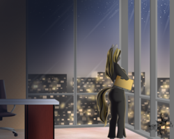 Size: 1557x1246 | Tagged: safe, artist:blackblood-queen, oc, oc only, oc:golden delicious, earth pony, anthro, anthro oc, clothes, female, folder, mare, smiling, solo, story in the source, window