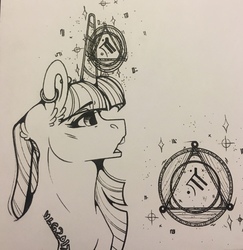 Size: 2865x2945 | Tagged: safe, artist:nightmare-moons-throneroom, twilight sparkle, pony, g4, ear fluff, ear piercing, earring, female, glowing horn, grayscale, high res, horn, jewelry, magic, mare, monochrome, open mouth, piercing, solo, traditional art